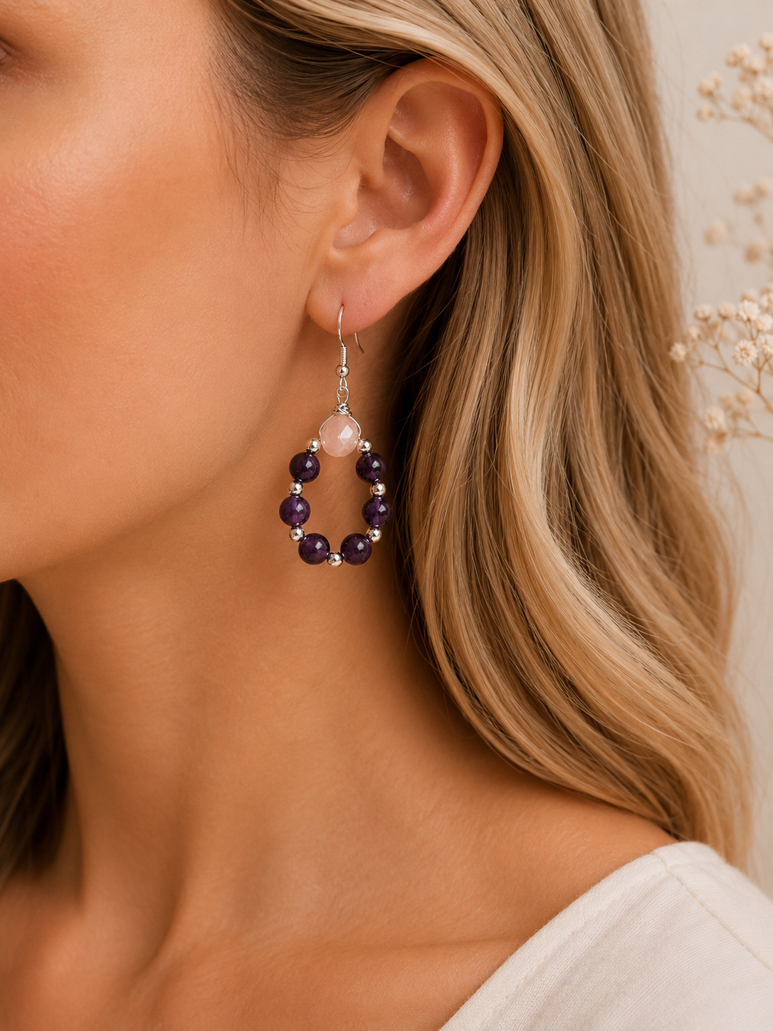 Boucles d’Oreilles Artisanales – Améthyste & Quartz Rose