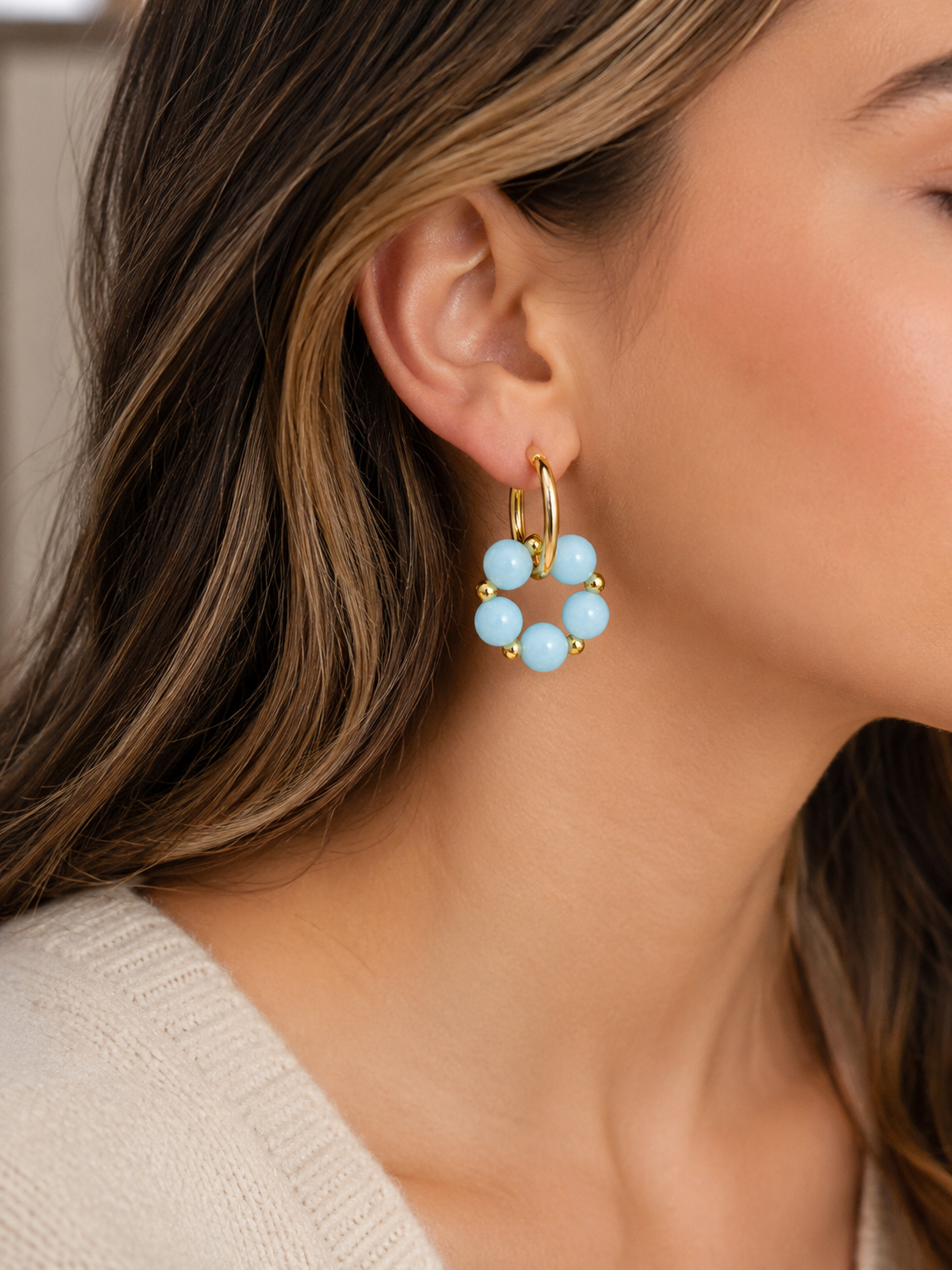 Boucles d’oreilles créole Amazonite – Créoles artisanales dorées