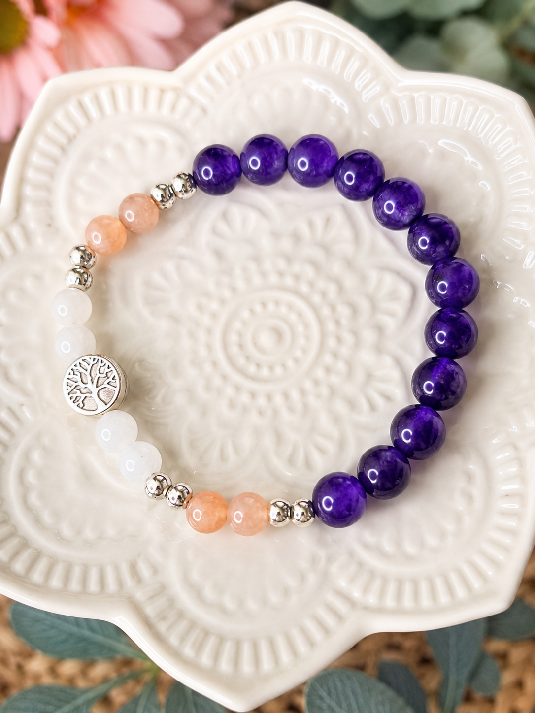 Bracelet Femme en Améthyste, Pierre de Soleil & Pierre de Lune – Arbre de Vie