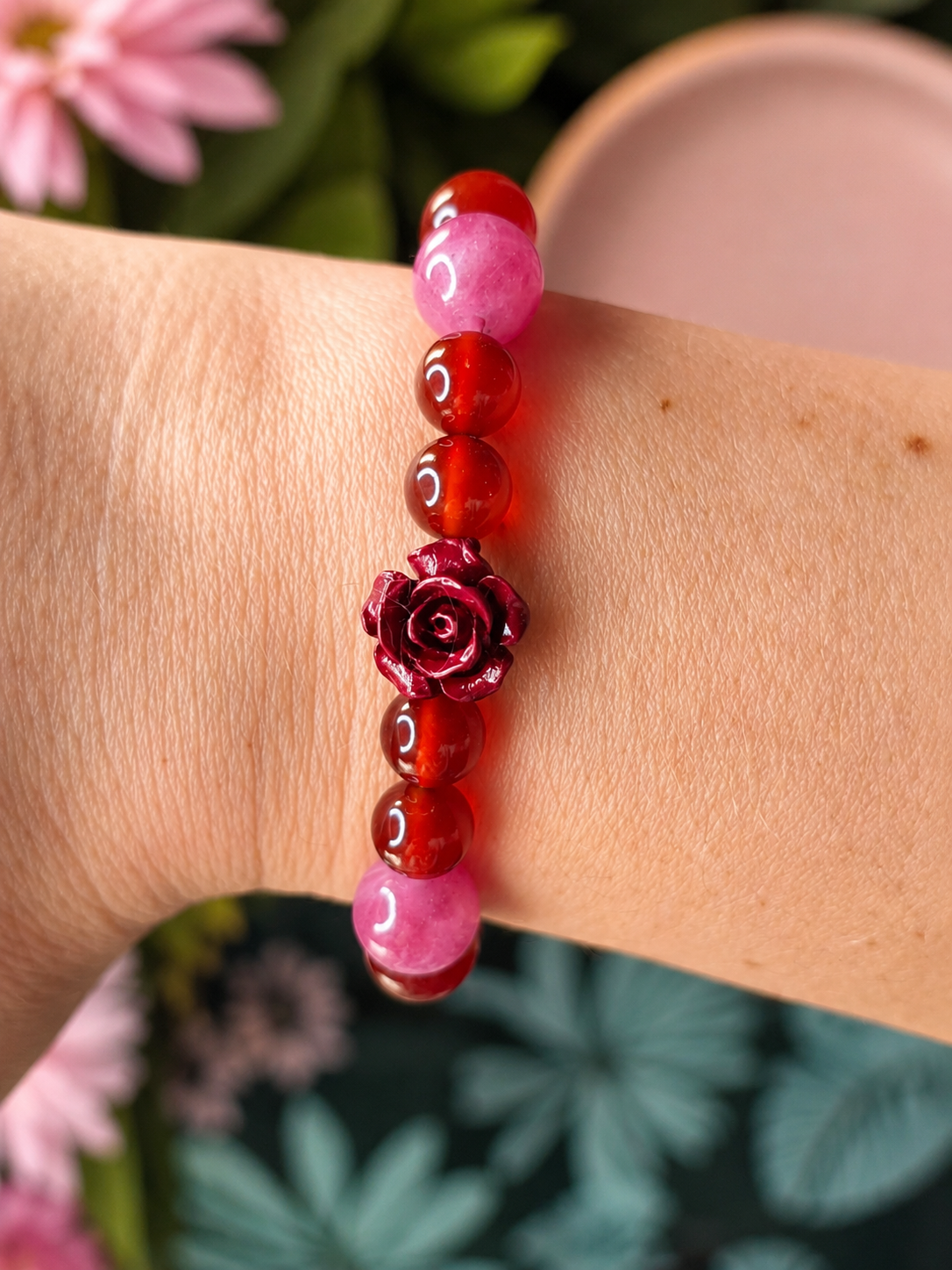 Bracelet Femme en Quartz Fraise & Cornaline Rouge – Création Artisanale