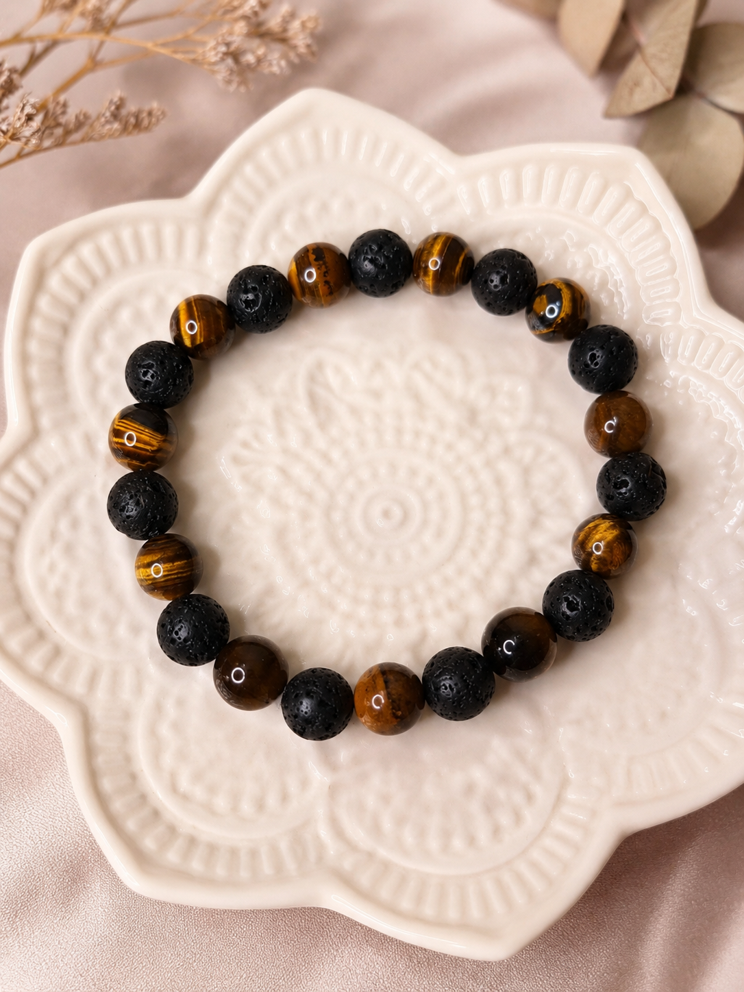 Bracelet artisanal Œil de Tigre & Pierre de Lave – Création fait main
