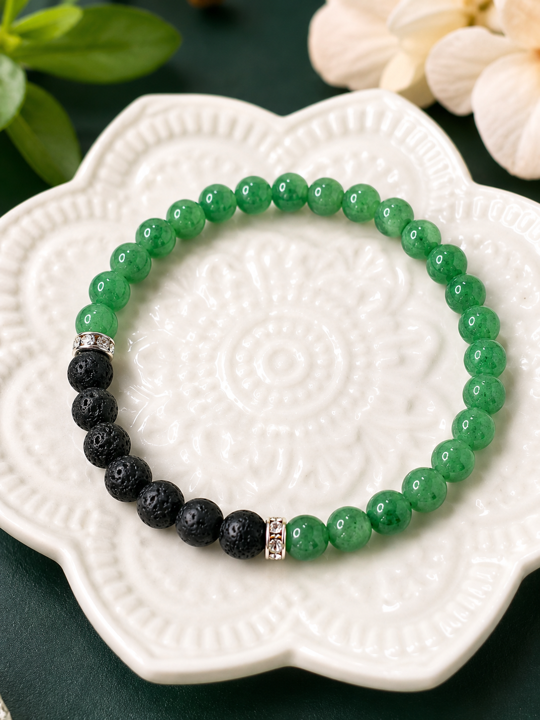 Bracelet en Pierre de Lave & Aventurine Verte 6 mm – Création Artisanale