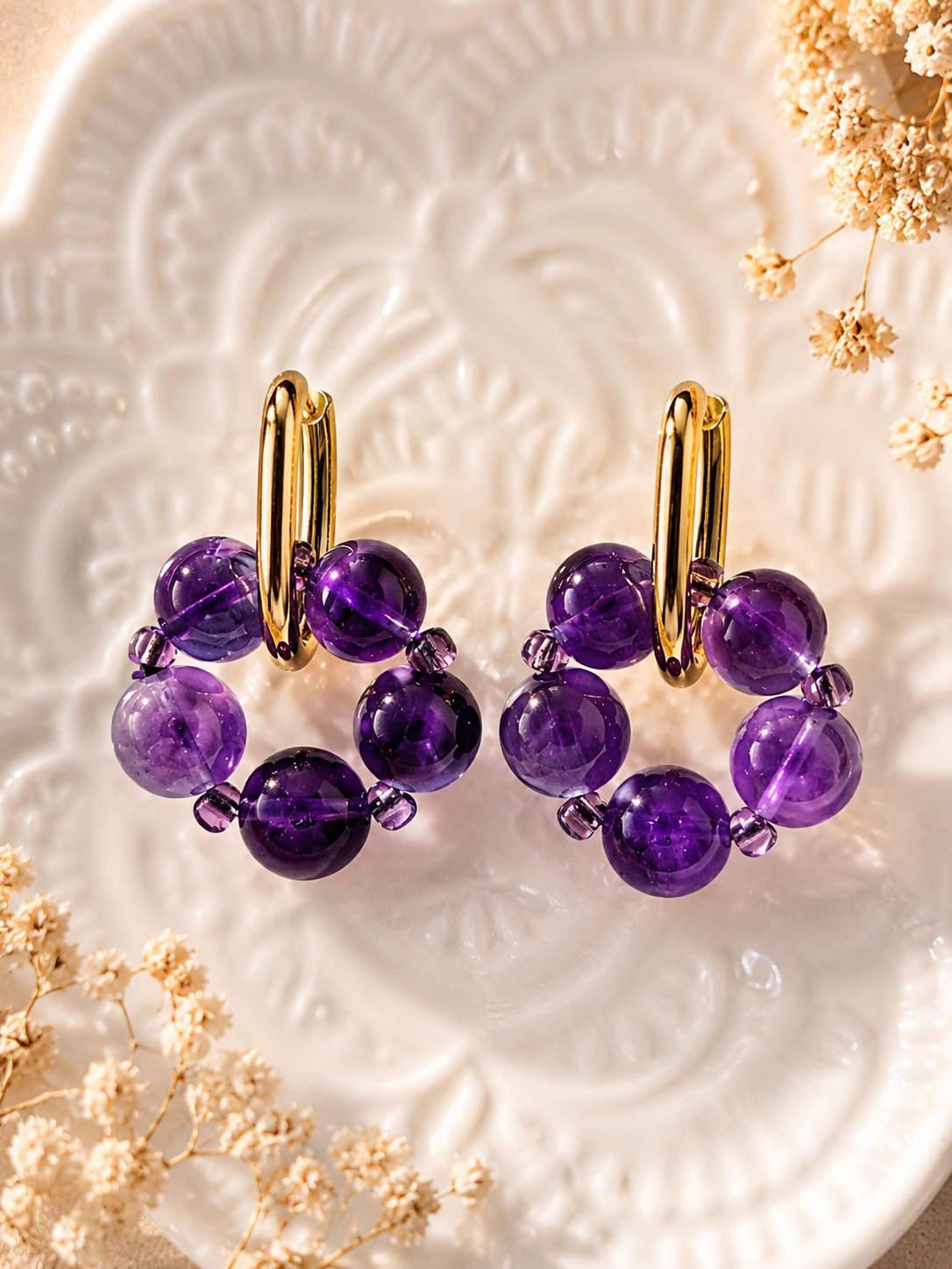 Boucles d’oreilles créoles Améthyste – Élégance artisanale ✨