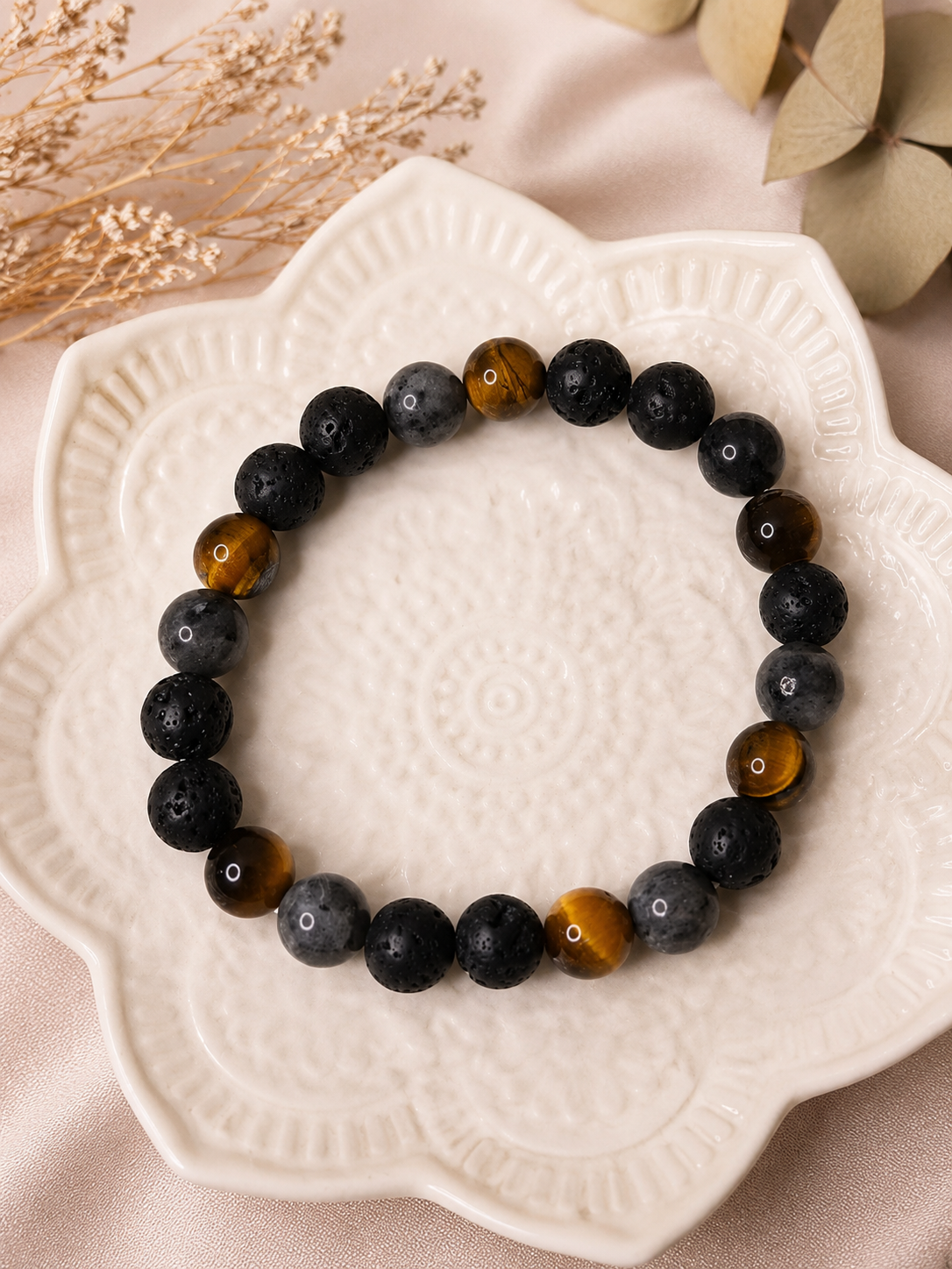 Bracelet artisanal Labradorite, Œil de Tigre & Pierre de Lave – Création fait main