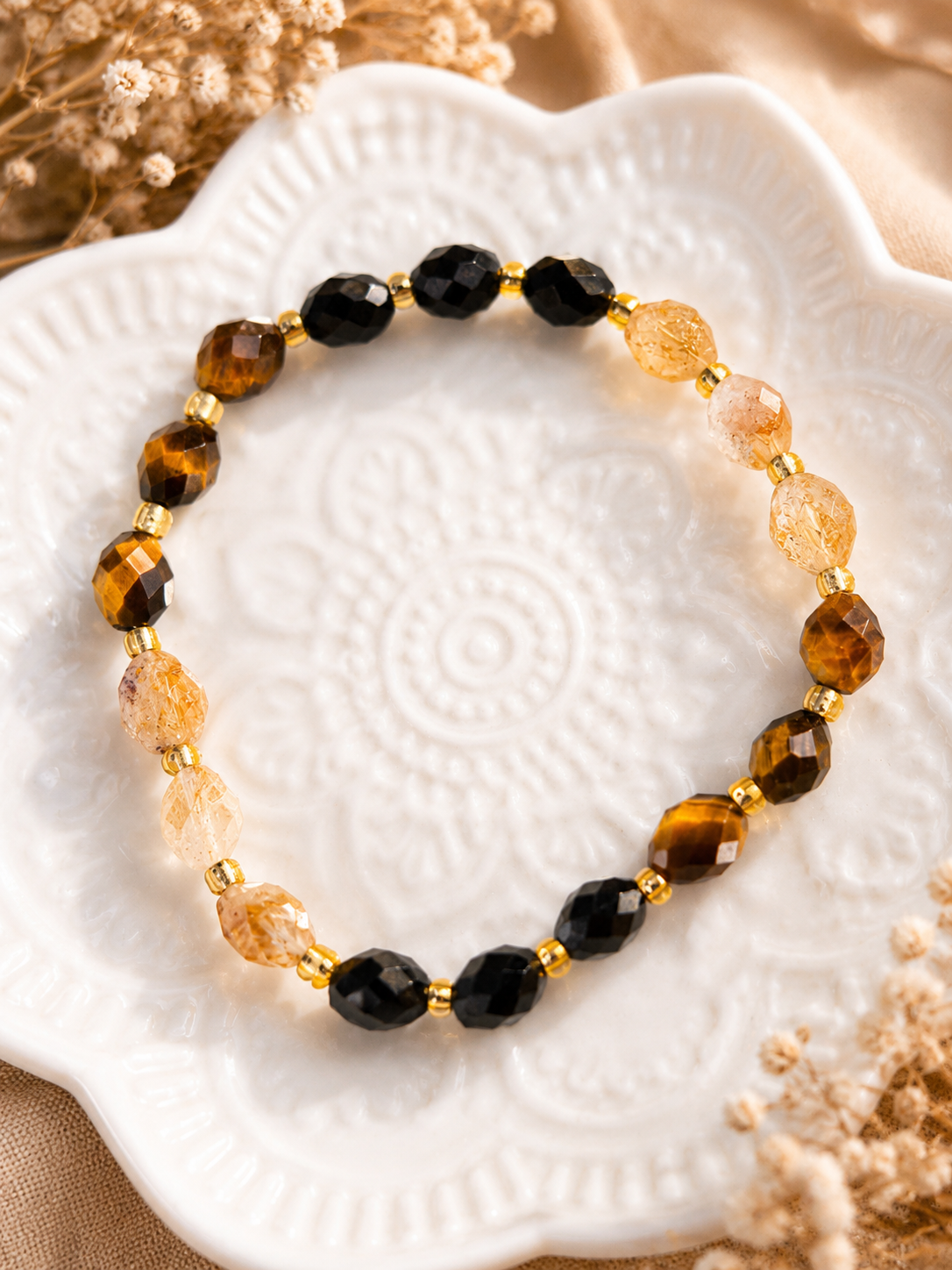 Bracelet Citrine, Œil de Tigre & Agate Noire – Création Artisanale Fait Main