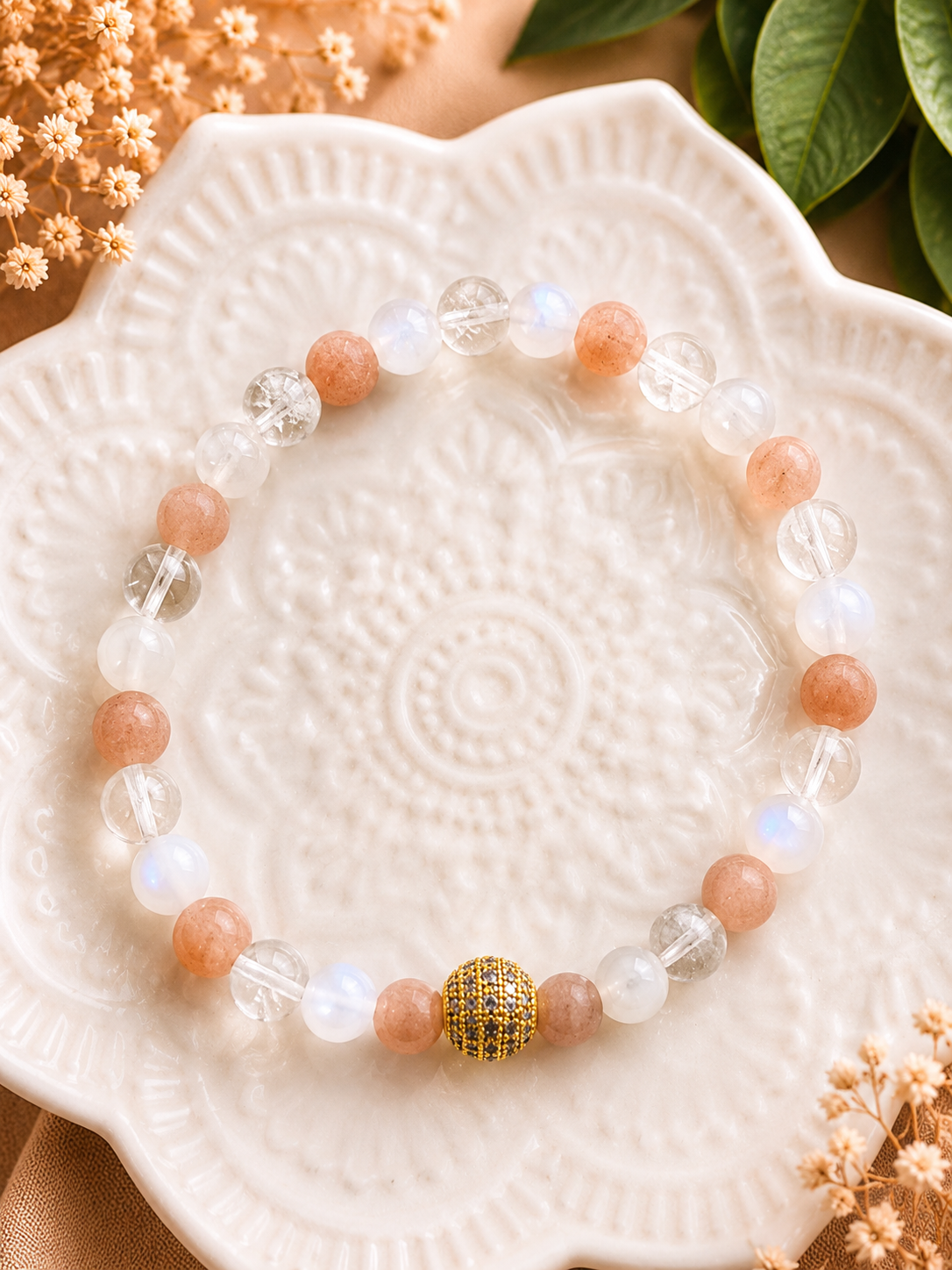 Bracelet Pierre de Lune, Pierre de Soleil & Cristal de Roche – Création Artisanale Fait Main