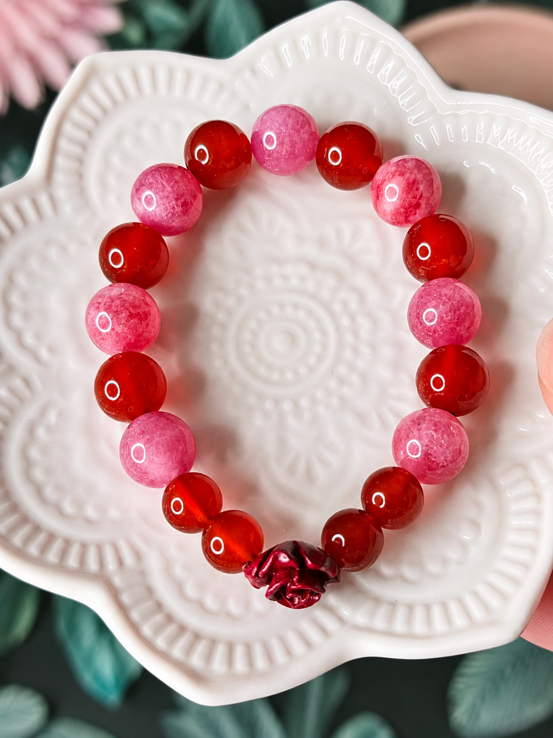 Bracelet Femme en Quartz Fraise & Cornaline Rouge – Création Artisanale