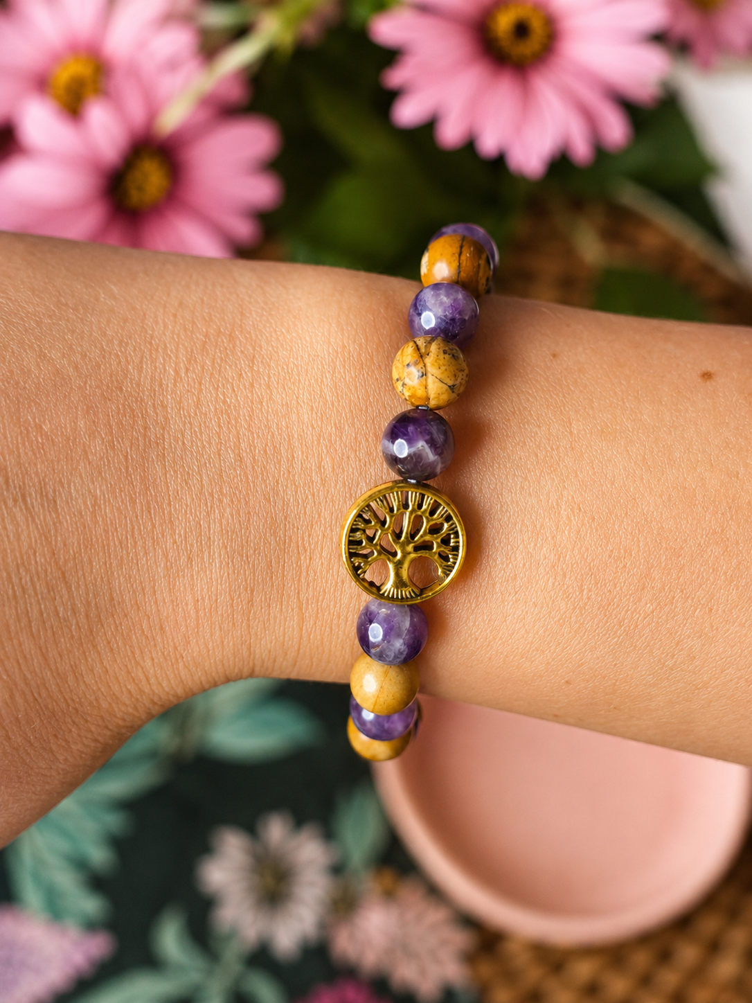 Bracelet Femme en Améthyste, Jaspe Paysage & Arbre de Vie – Création Artisanale