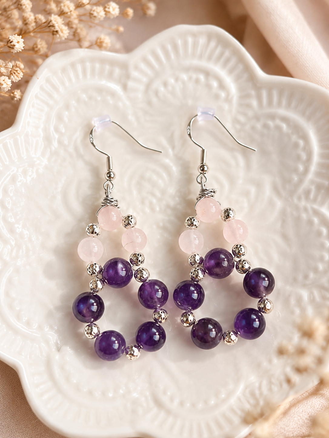Boucles d’Oreilles Artisanales – Améthyste & Quartz Rose