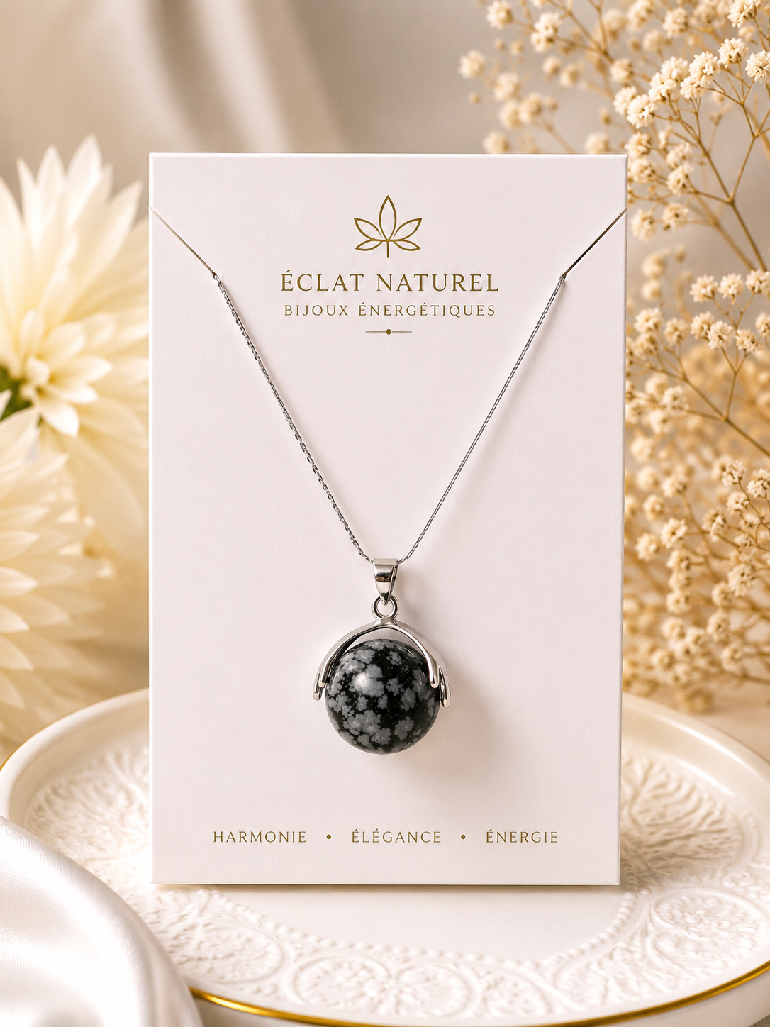 Collier Pendentif Obsidienne Neige – Protection & Élégance Minérale