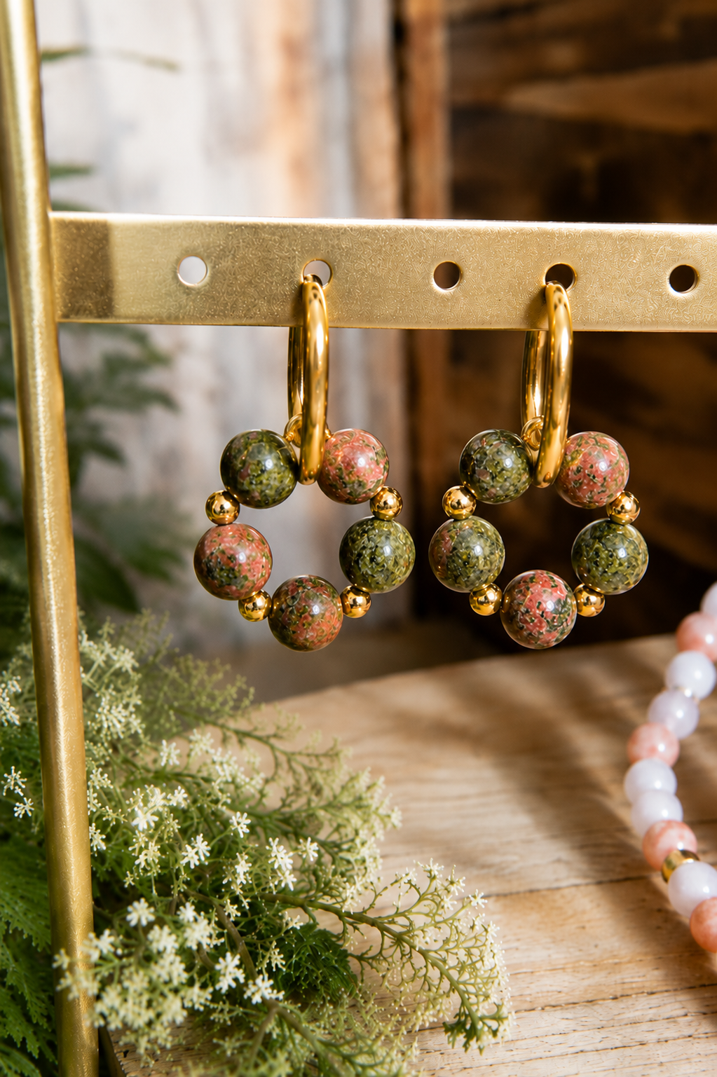 Boucles d'oreilles créoles – Pierre naturelle Unakite & acier inoxydable 316L