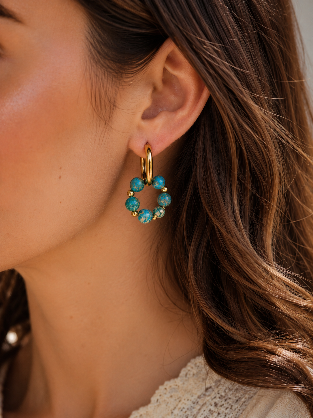 Boucles d'oreilles créoles – Pierre naturelle Jaspe Aqua & acier inoxydable 316L