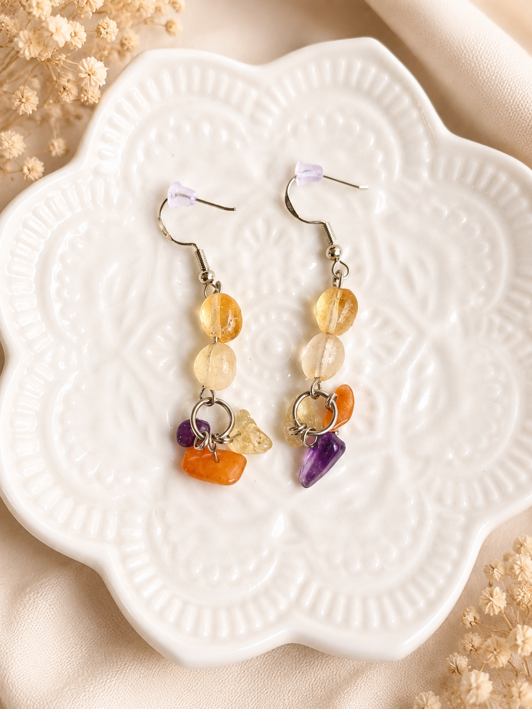 Boucles d’Oreilles Pierres Naturelles – Citrine, Cornaline & Améthyste