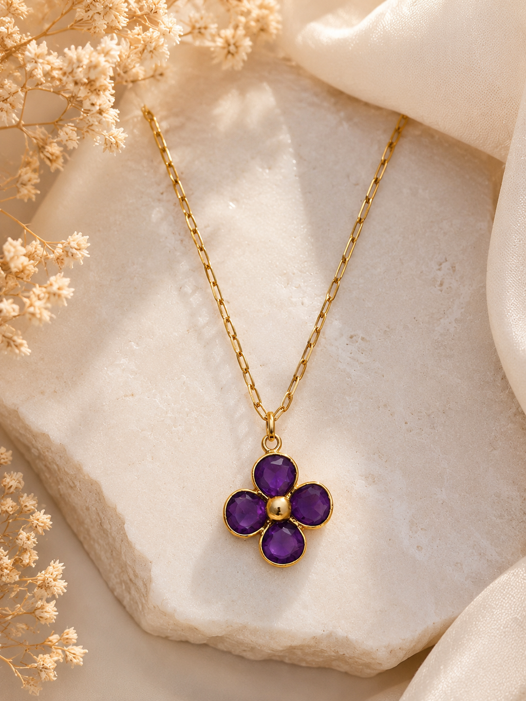 Collier Fleur Améthyste Doré ✨