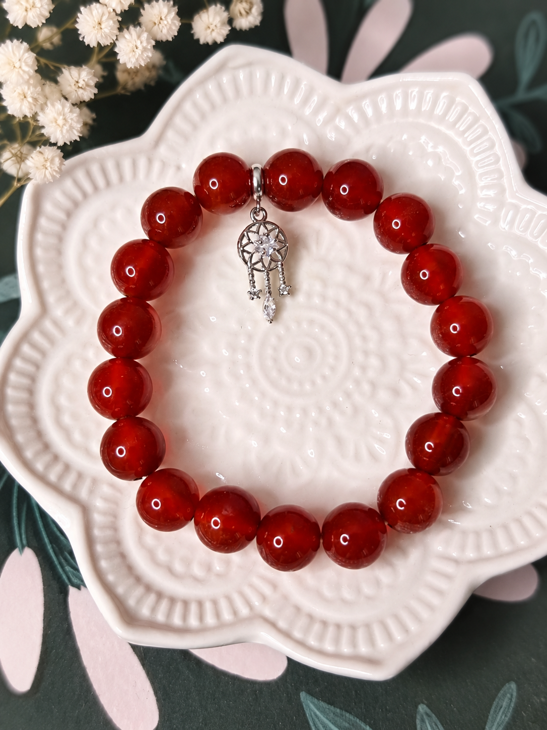 Bracelet Femme en Cornaline Rouge 8 mm – Attrape-Rêves Argenté