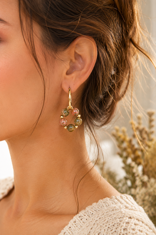 Boucles d'oreilles créoles – Pierre naturelle Unakite & acier inoxydable 316L