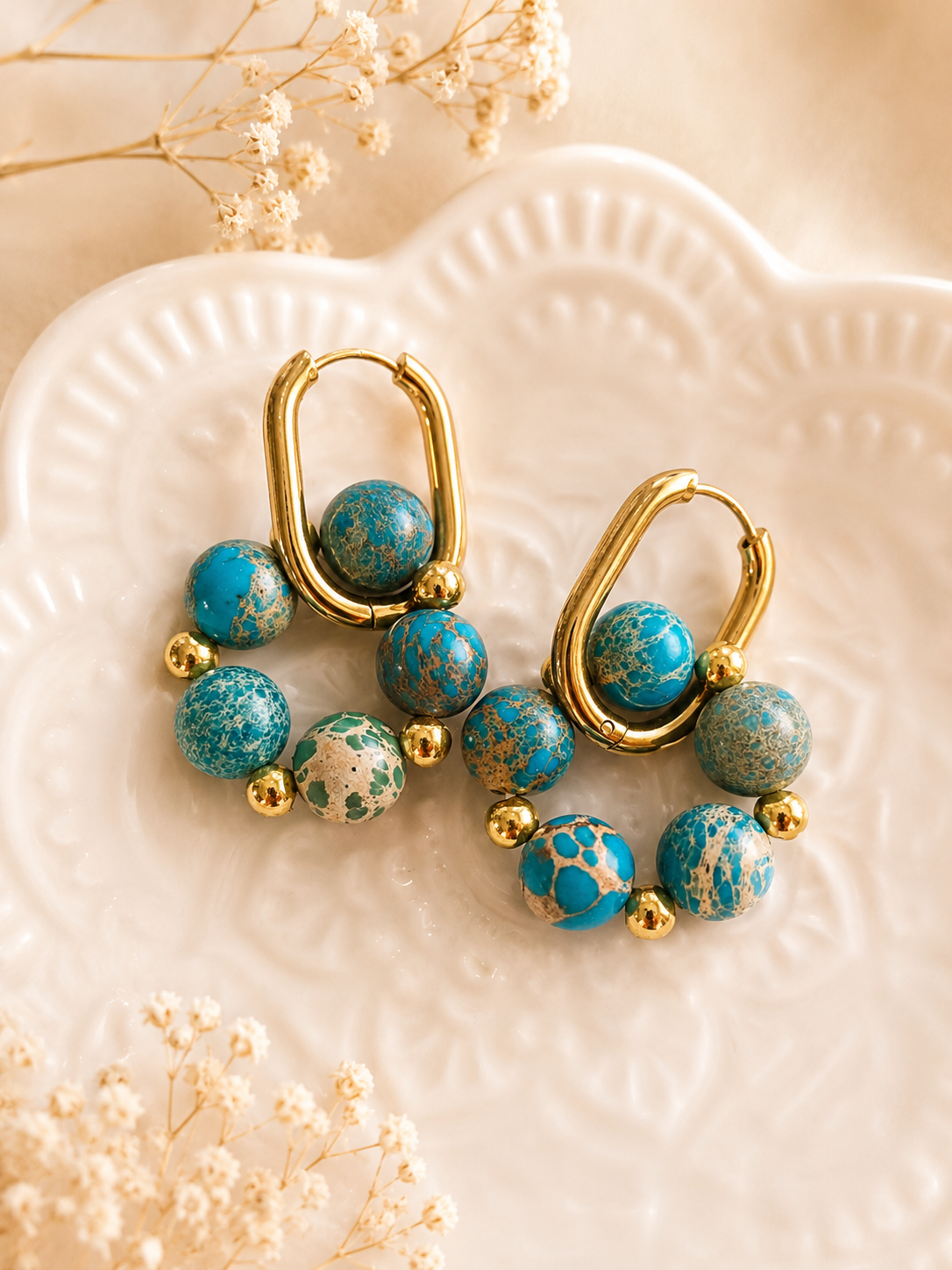 Boucles d'oreilles créoles – Pierre naturelle Jaspe Aqua & acier inoxydable 316L