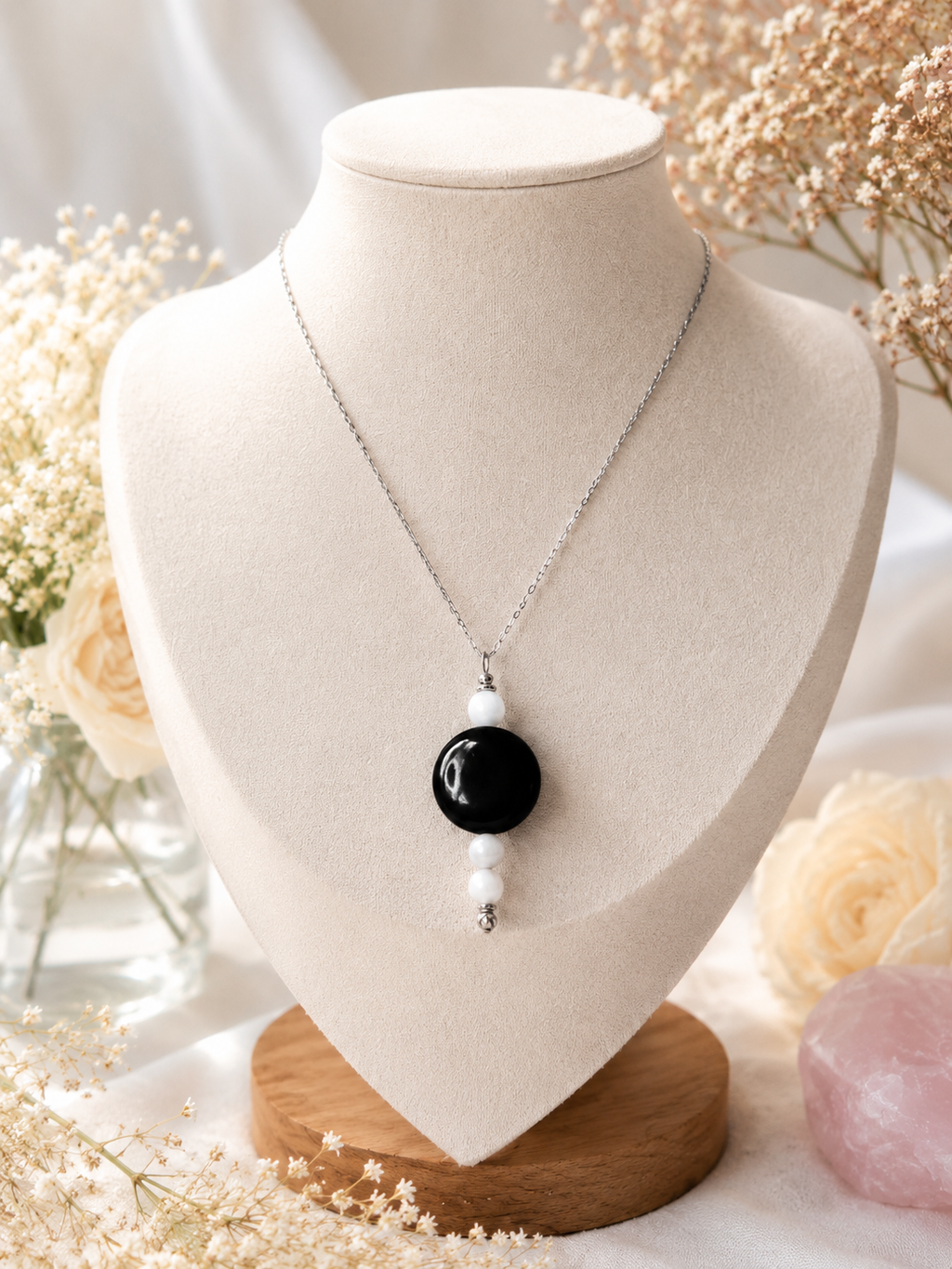 Collier pendentif artisanal en Agate Noire & Pierre de lune 🌙