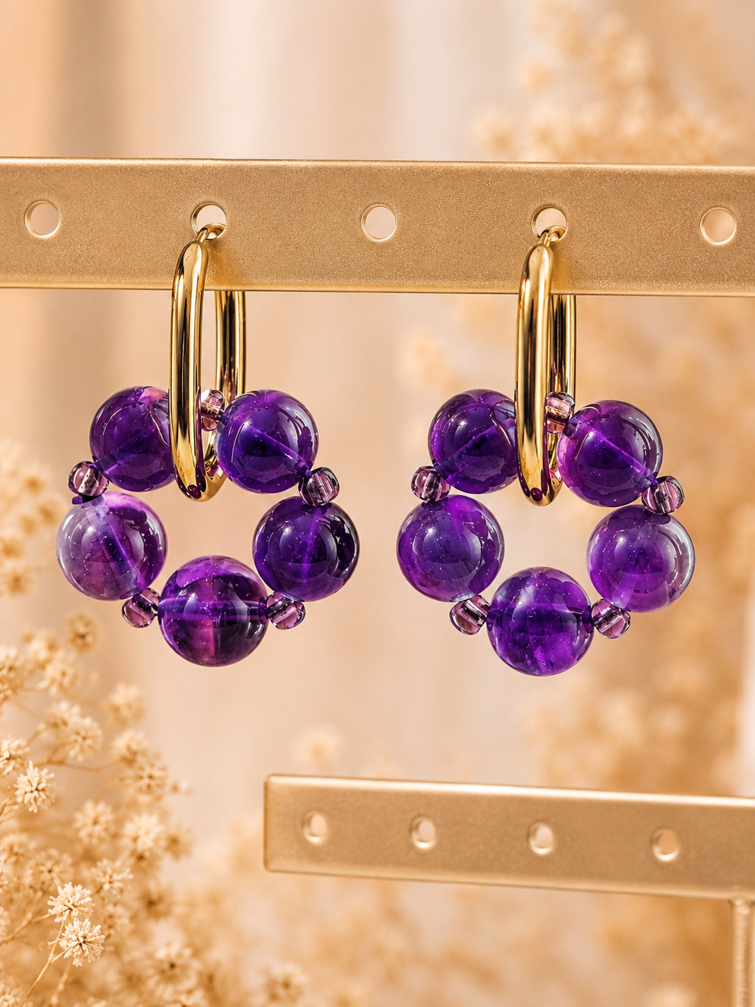 Boucles d’oreilles créoles Améthyste – Élégance artisanale ✨