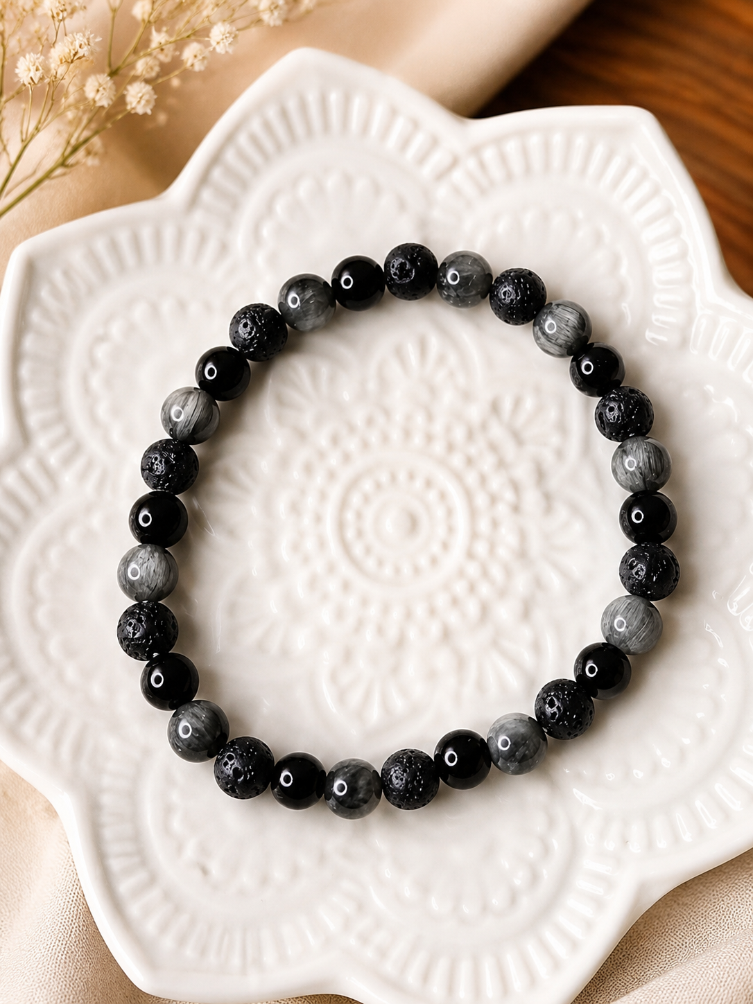 Bracelet Pierre de Lave, Œil de Faucon & Obsidienne Noire — Création Artisanale