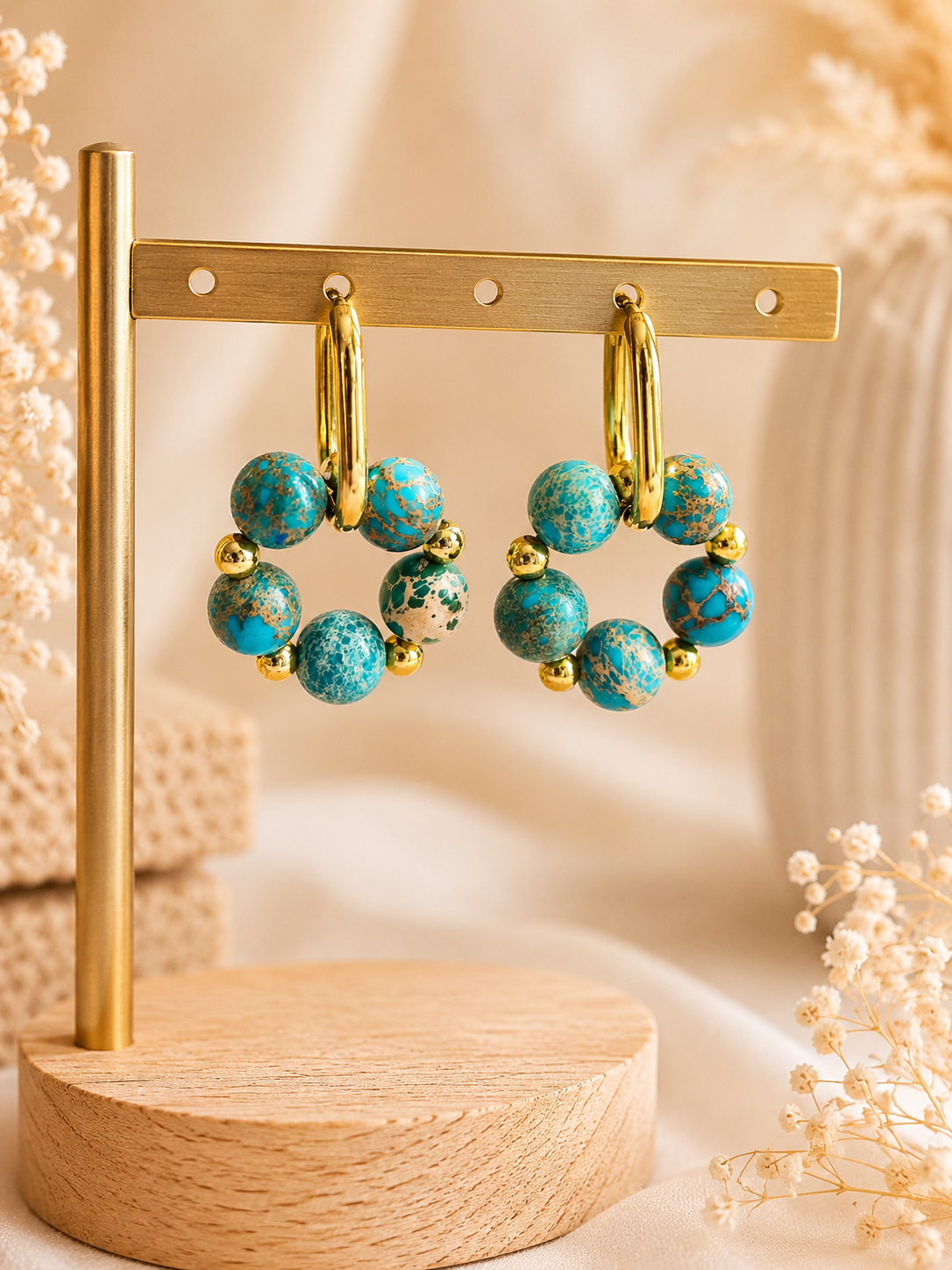 Boucles d'oreilles créoles – Pierre naturelle Jaspe Aqua & acier inoxydable 316L