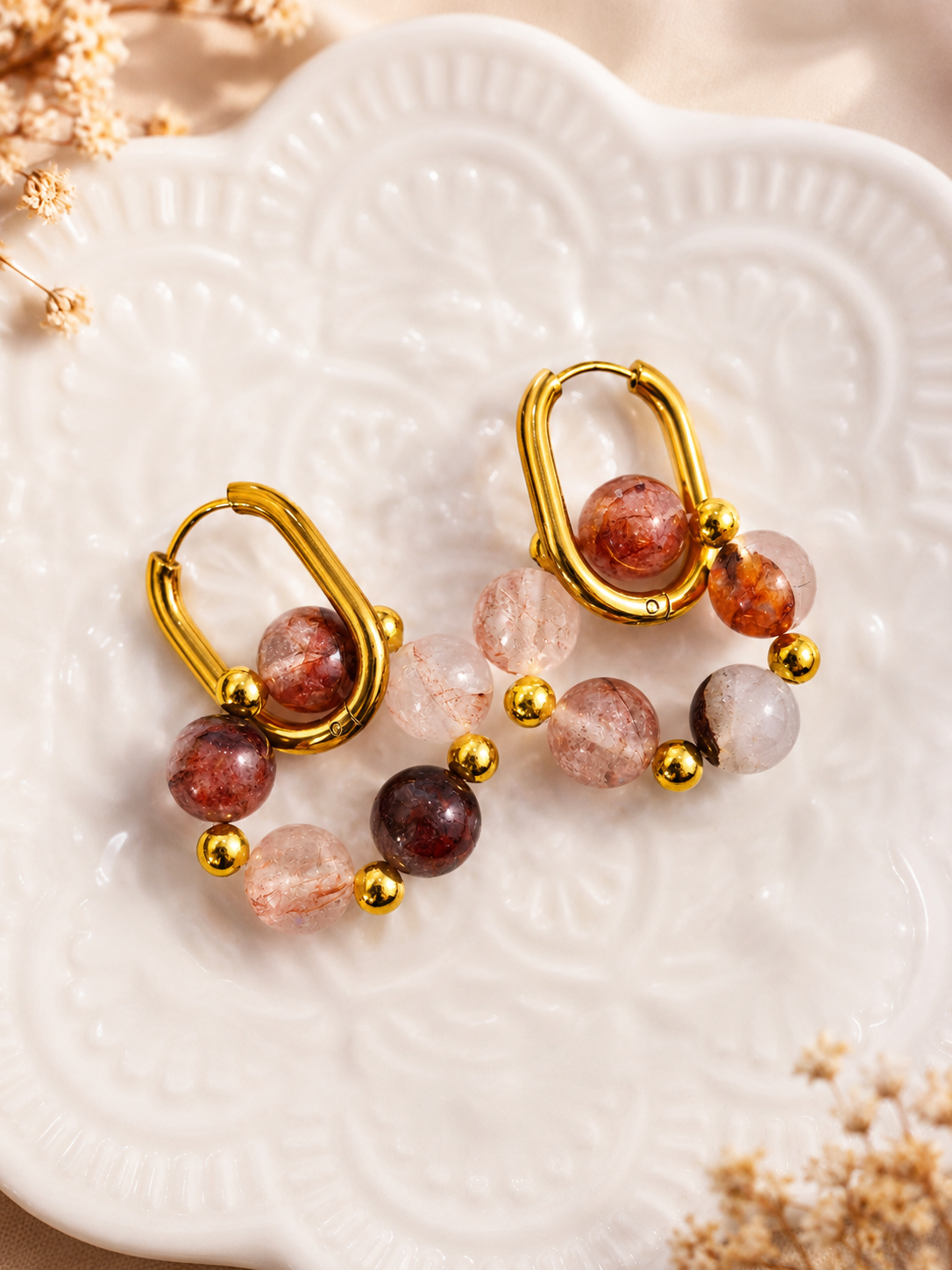 Boucles d’oreilles créoles Agate Feu – Création artisanale ✨