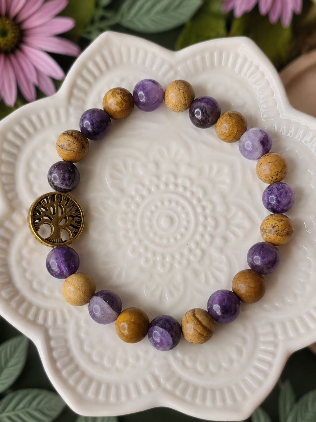Bracelet Femme en Améthyste, Jaspe Paysage & Arbre de Vie – Création Artisanale