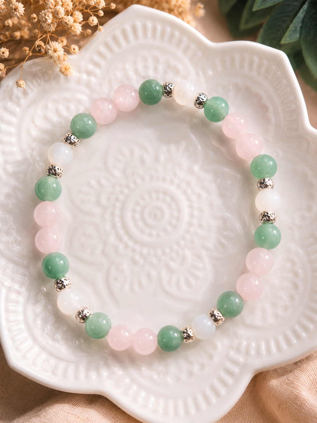 Bracelet Pierre de Lune, Aventurine Verte & Quartz Rose – Création Artisanale Fait Main