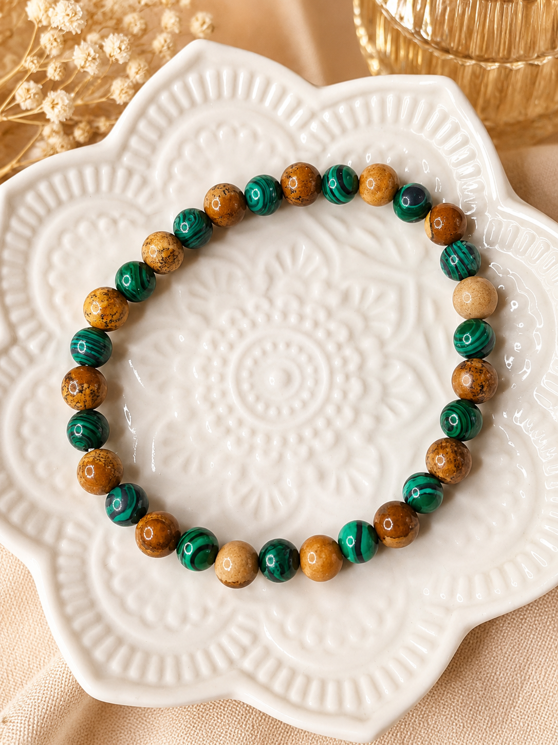 Bracelet Jaspe Paysage & Malachite — Création Artisanale