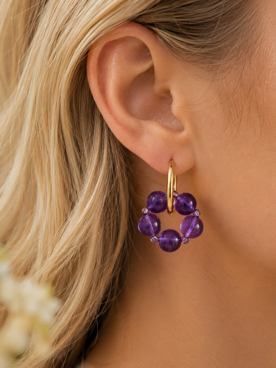 Boucles d’oreilles créoles Améthyste – Élégance artisanale ✨