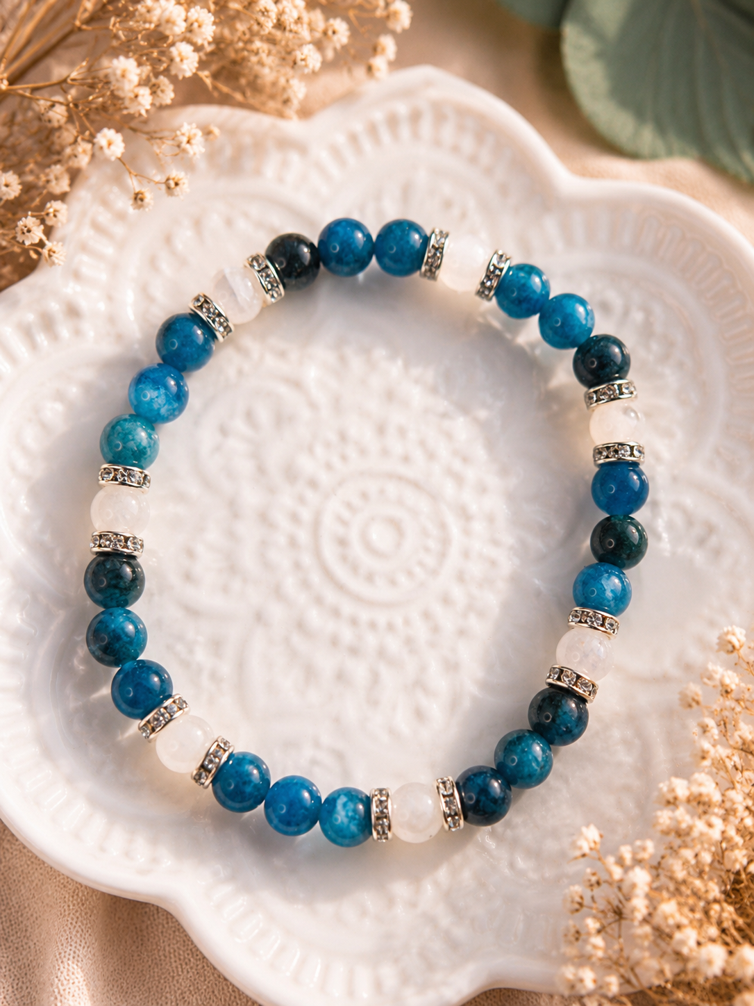 Bracelet Apatite Bleue & Pierre de Lune – Création Artisanale Fait Main
