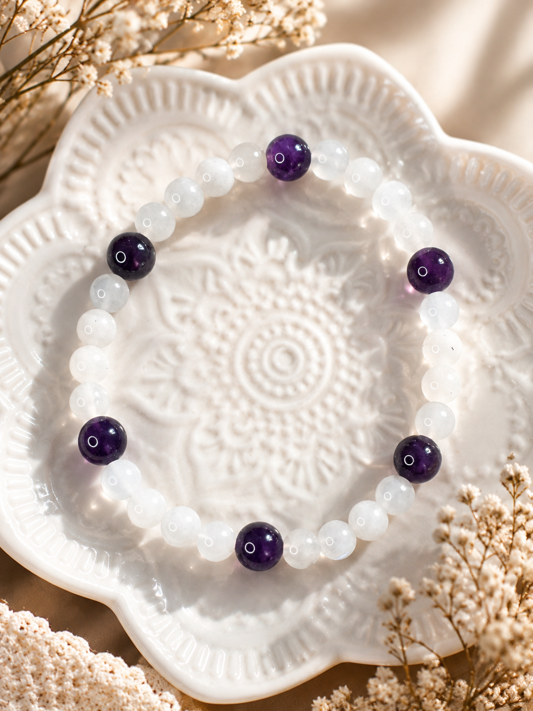 Bracelet Pierre de Lune & Améthyste – Création Artisanale Fait Main