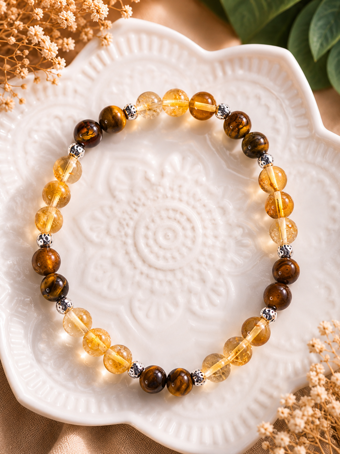 Bracelet Citrine & Œil de Tigre – Création Artisanale Fait Main