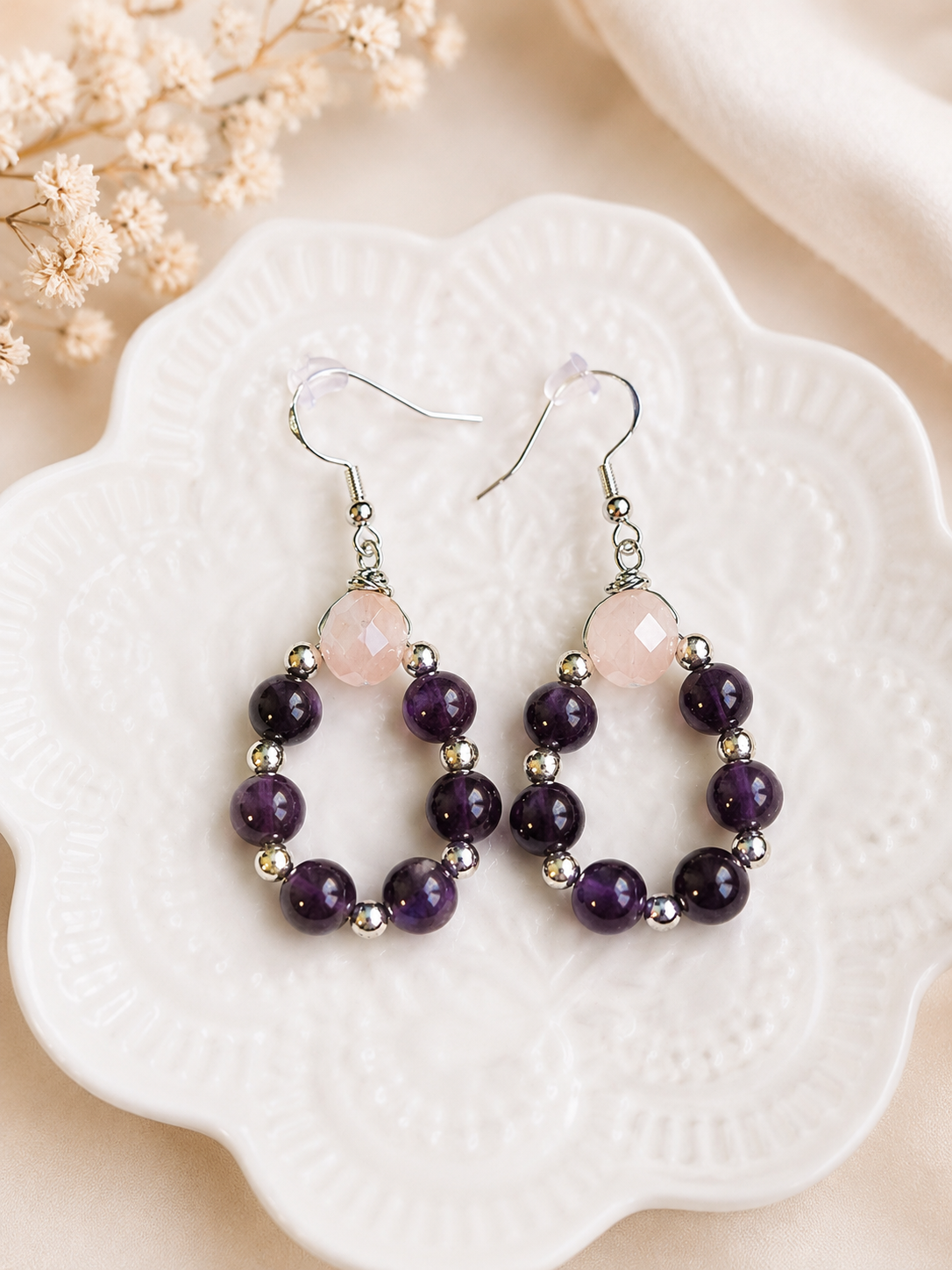 Boucles d’Oreilles Artisanales – Améthyste & Quartz Rose