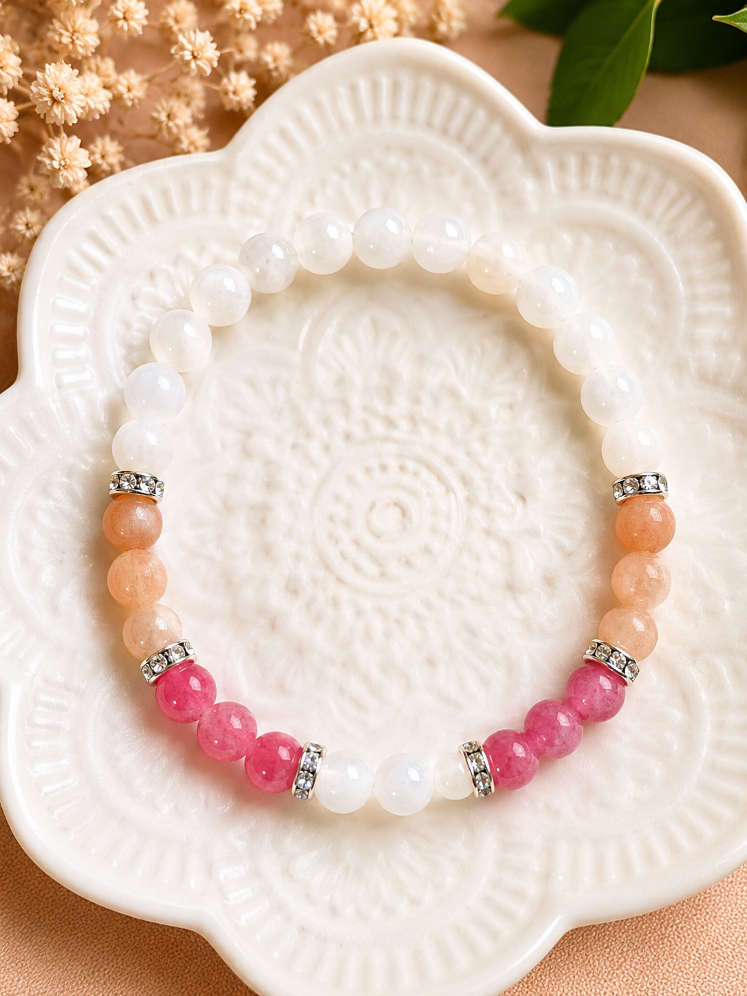 Bracelet Pierre de Lune, Pierre de Soleil & Quartz Rose – Création Artisanale Fait Main