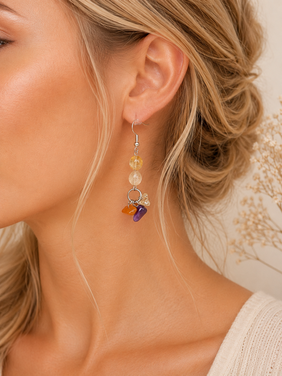Boucles d’Oreilles Pierres Naturelles – Citrine, Cornaline & Améthyste